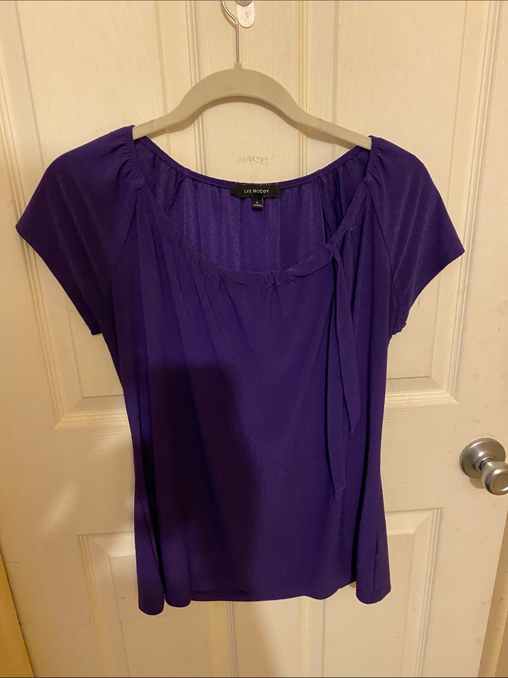Liz McCoy Purple Short-Sleeve Scoop-Neck Top with Neck Tie